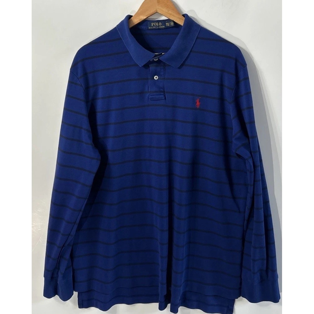 Mens Polo Ralph Lauren Blue Black Striped Rugby Style L/S Polo Shirt Sz XL/XXL